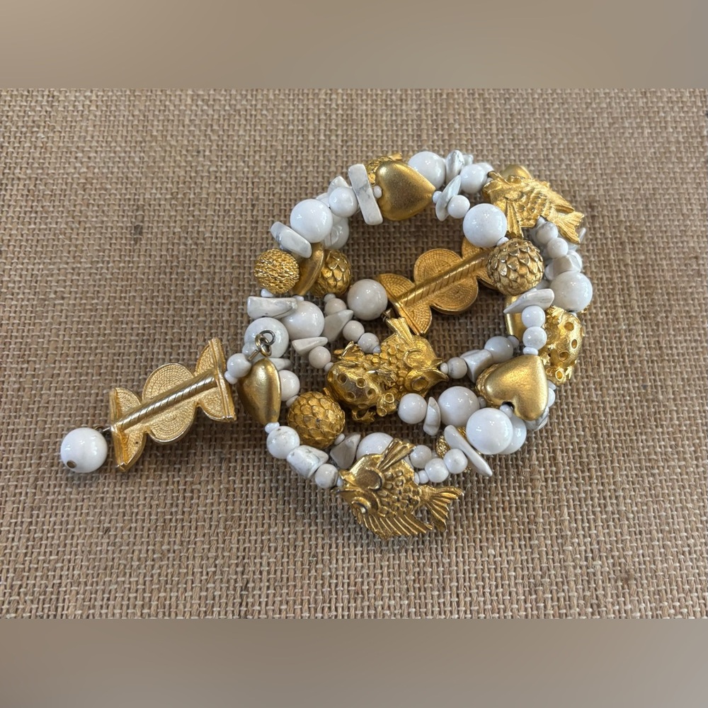 White Jade And Gold Plate Fish And Hearts Wrap Around Bracelet